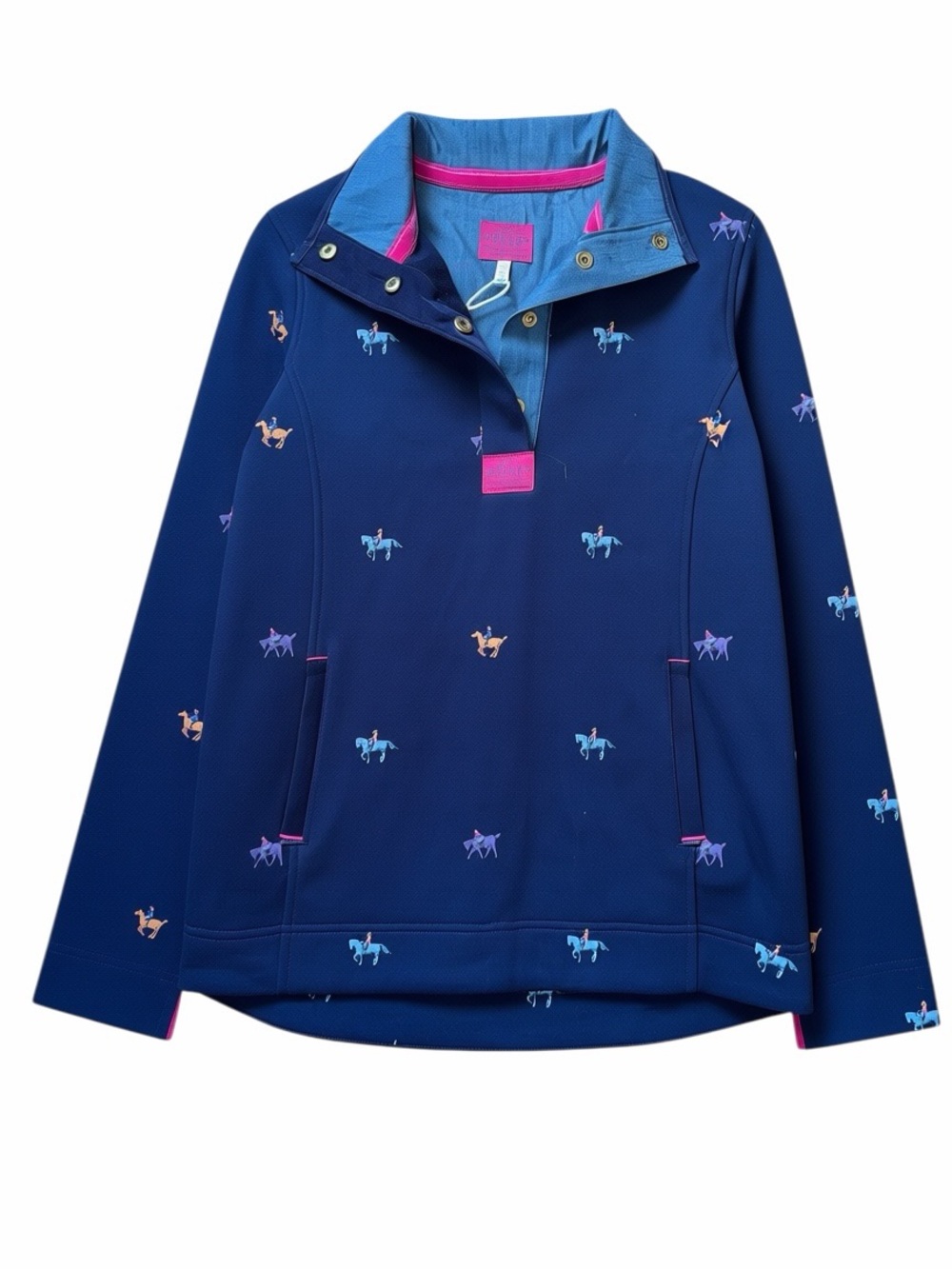 Joules women’s Navy Blue Equestrian Print quarter snap Pink Trim sz 4 NWT